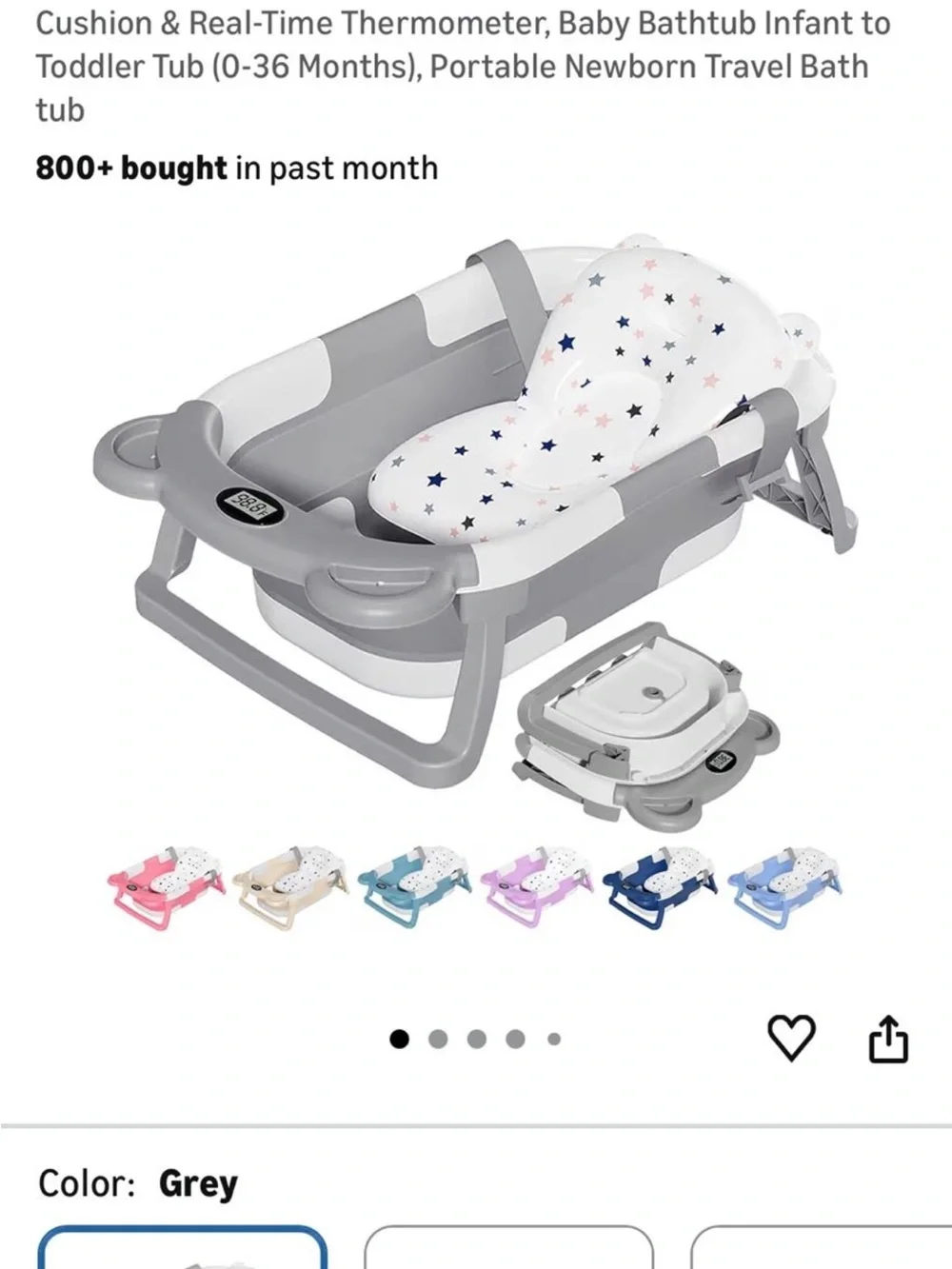 Grey Foldable Baby Bath Tub with Cushioned Support and Thermometer